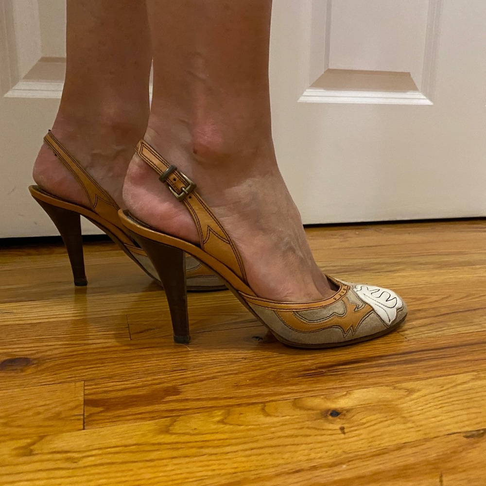 Tan sling back heels
